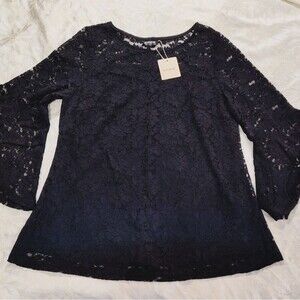 Bloomchic Black Plain Contrast Lace Mesh Gathered Bell Sleeve Blouse Size 12 NWT